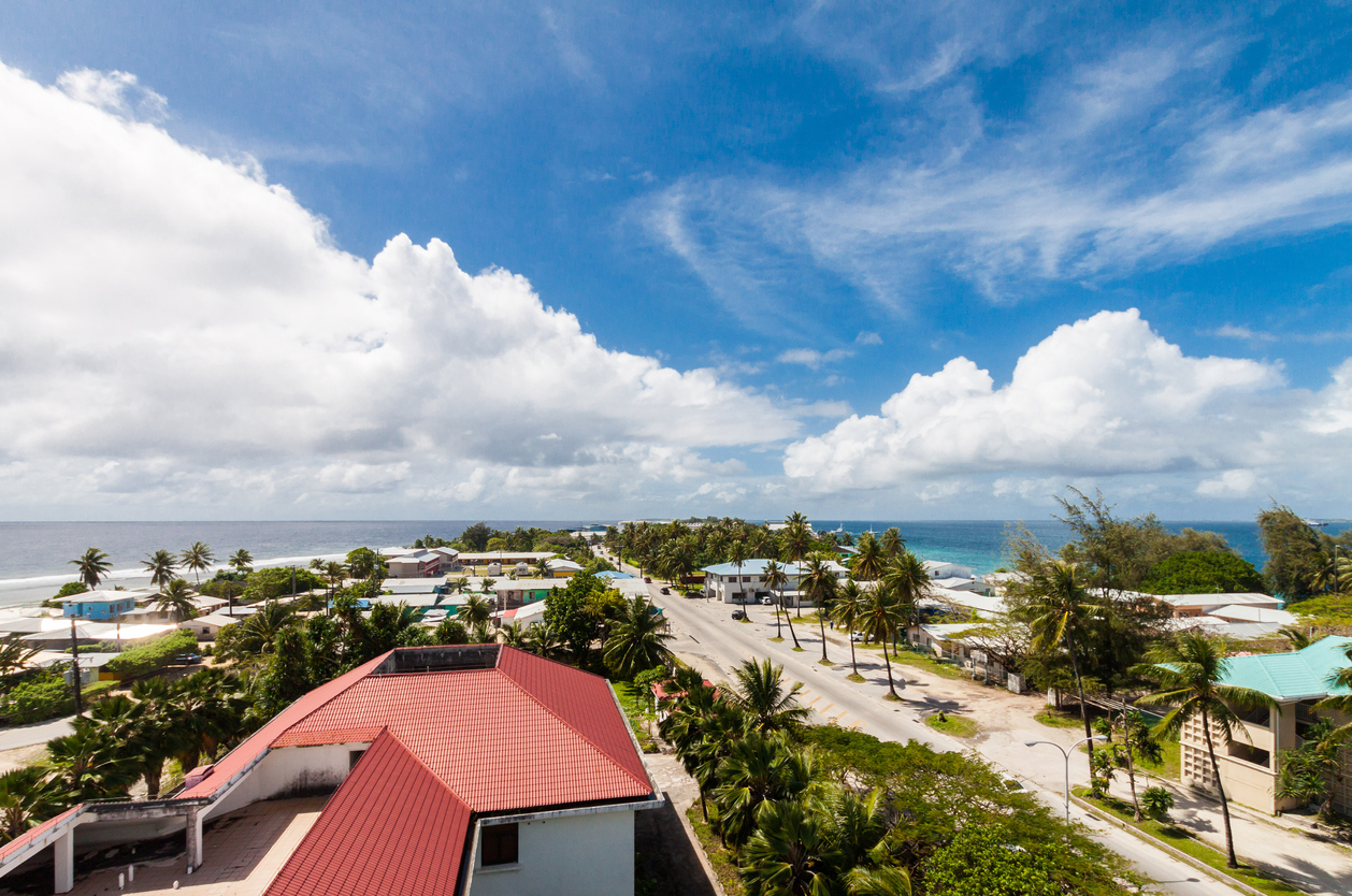 Majuro town centre aerial view, Central Business district, Marshall Islands, Micronesia, Oceania, South Pacific Ocean. Azure turquoise atoll lagoon