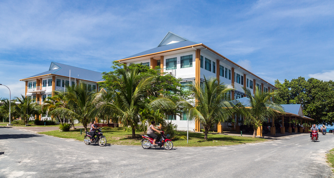 Tuvalu House (Tuvalu Government Building). The largest and tallest, only three-storey building in the country. Funafuti atoll, Polynesia, Oceania